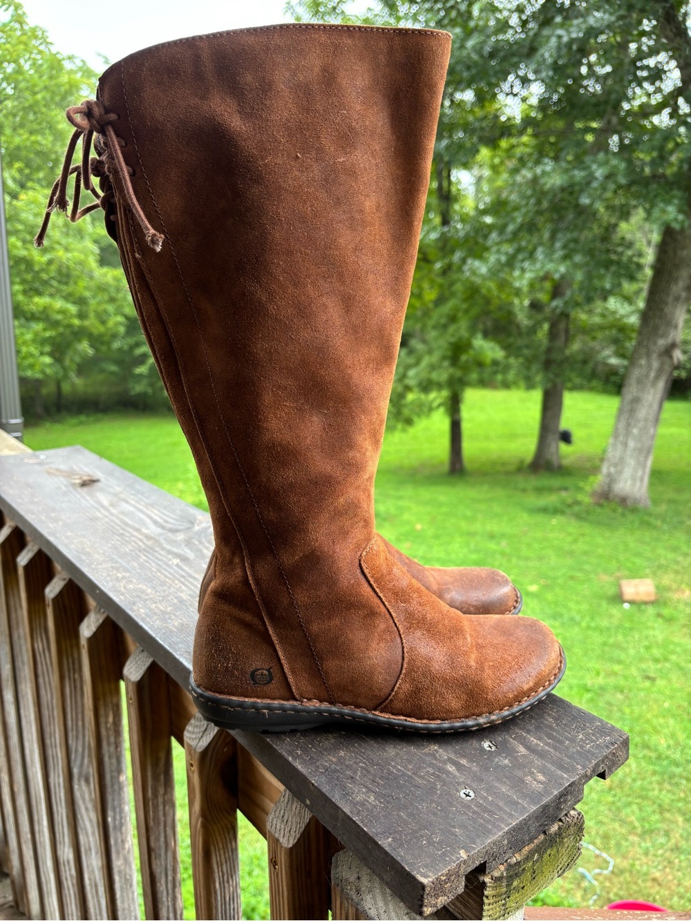 Born Women’s 7 M Brown Leather Tall Riding Boots Side Zip Lace Back Boho RenFair - Picture 11 of 14